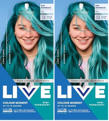Image of Schwarzkopf LIVE Colour Moment 097 Sea Mermaid, with HaptiQ Anti-Damage System, Semi-Permanent Green Hair Dye, Up to 15 Washes (Pack of 2)
