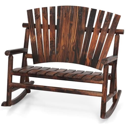 Image of COSTWAY 2-Person Adirondack Rocking Chair, Solid Wood Patio Bench Loveseat High Back Leisure Armchair, Traditional Outdoor Relax Porch Rocker for Garden, Patio and Balcony
