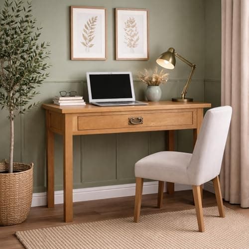 Image of Oakcroft Laptop Desk – Rustic Solid Wood Compact Writing Desk with Drawer – 90cm Home Office Table – Country Rustic Style