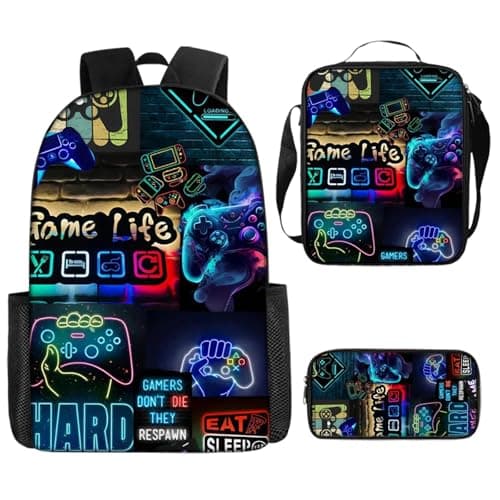 Image of Fakcrkun 3-Piece Gaming Backpack Set for Teens, Cool Boys Backpack with Crossbody Bag and Pencil Case, Durable Boys Rucksack for School, Multi-Compartment Laptop Bag for Students, Gamer Gifts