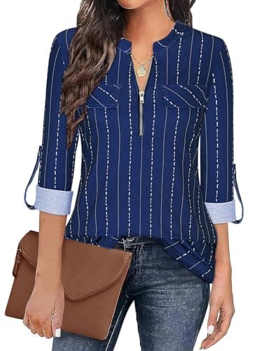 Image of Gemulate Blouses for Women with Zip Up Ladies Three Quarter Sleeves Tops Ladies Long Sleeve Shirts Casual Plaid Tunic Blouse Blue Stripe M