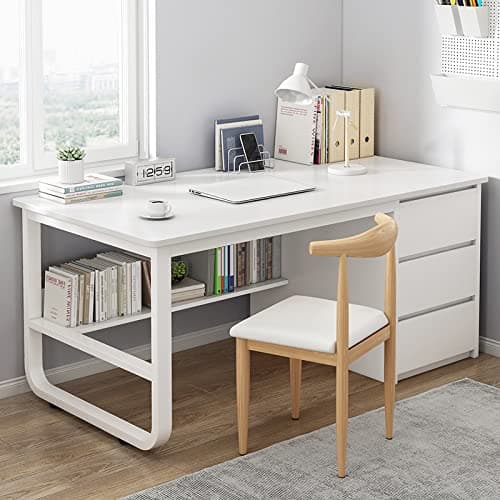 Image of BOKNI Computer Desk with Storage Compartments and 3 Drawers, Modern Simple Style Desk, Home Office Workstation Desk (47 Inch, White)