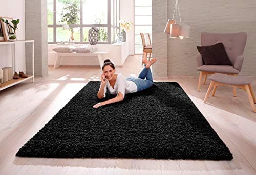 Image of SHAGGY RUG 30MM / 3cm Modern Rugs Living Room Extra Large Small Medium Rectangular Size Soft Touch Thick Pile Living Room Area Rugs Non Shedding (Black, 120cm x 170cm (4ft x 6ft))