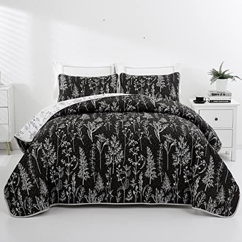 Image of Lunoroey Bedspread King Size Black And White Floral Quilted Bedspreads Reversible Botanic Flowers Branches Lightweight Bedspreads Coverlets All Season Bedding Set (1 Quilt, 2 Pillow Shams)