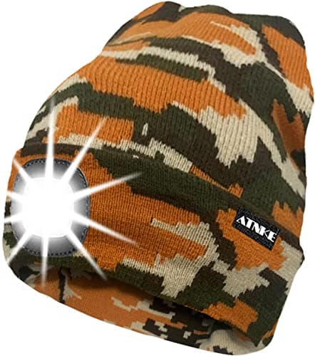 Image of ATNKE LED Lighted Beanie Cap,USB Rechargeable Running Hat Ultra Bright 4 LED Waterproof Light Winter Warm Gifts for Men and Women/Camouflage Yellow