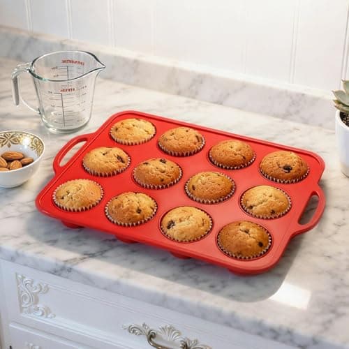 Image of Foepoge Regular Silicone Muffin Trays 12 Cup with Metal Frame, Non Stick Silicone Cupcake Tray with Handle, Muffin Moulds for Baking, Yorkshire Pudding Tray, Cupcake Tin, Red