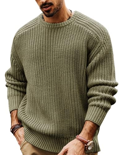 Image of PJ PAUL JONES Jumpers for Men UK Crew Neck Sweater Winter Warm Pullover Chunky Knit Jumper Green S