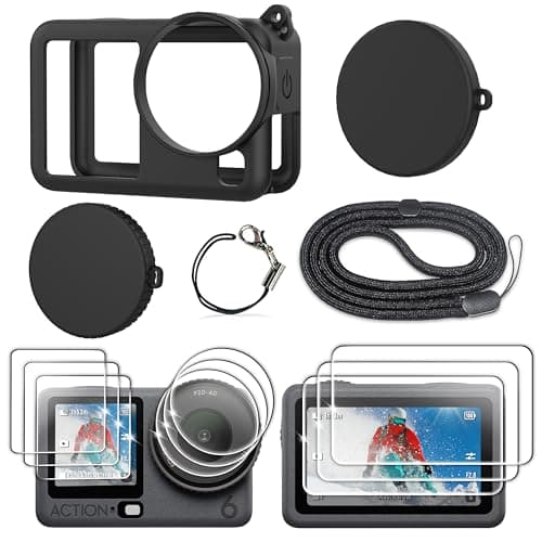 Image of FiTSTILL Silicone Rubber Case+3Pack Tempered Glass Protector Compatible for DJI Osmo Action 6,Rubber Case&Lens Caps&Screen Protectors&Lanyardfor Protective Full Cover Shell Action6 Accessories Kit