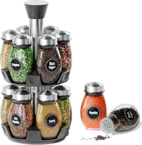 Image of Doaizer Revolving Spice Rack Organizer - Spinning Countertop Herb and Spice Storage Rack Tower Organizer with 12 Empty Glass Jars Bottles and Labels, Rotating Spice Holder Shelf Seasoning Rack