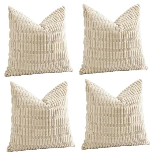 Image of Sungeek Set of 4 Soft Corduroy Decorative Cushion Covers 55x55cm Square Striped Throw Pillow Covers 22x22 Inch for Sofa Couch Living Room Patio Farmhouse Boho Home Decor Pillowcases (Cream)