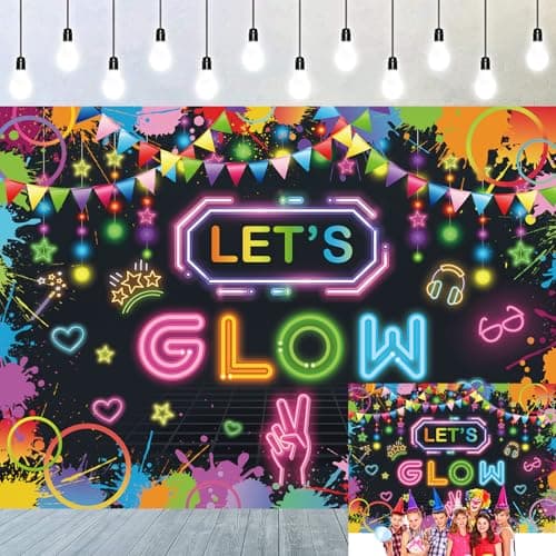 Image of Let's Glow Party Backdrop Neon Glow Colorful Graffiti Splash Paint Hip Hop Disco 80's 90's Retro Dance Party Background Adult Kids Neon Birthday Decoration (7x5FT)