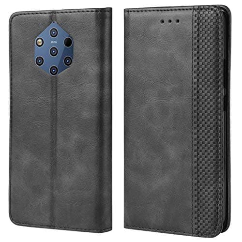 Image of HualuBro Nokia 9 PureView Case, Retro PU Leather Wallet Flip Folio Shockproof Phone Case Cover with [Kickstand] [Card Slots] [Magnetic Closure] for Nokia 9 PureView (Black)
