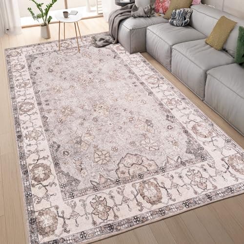 Image of homeart Machine Washable Rug -%63 Cotton, Low Pile Carpet with Non Slip Backing - Non-Shedding Large Rugs for Living Room, Bedroom, Kitchen, Dining Room, Hallway - Floral Cream Grey, 160x230 cm