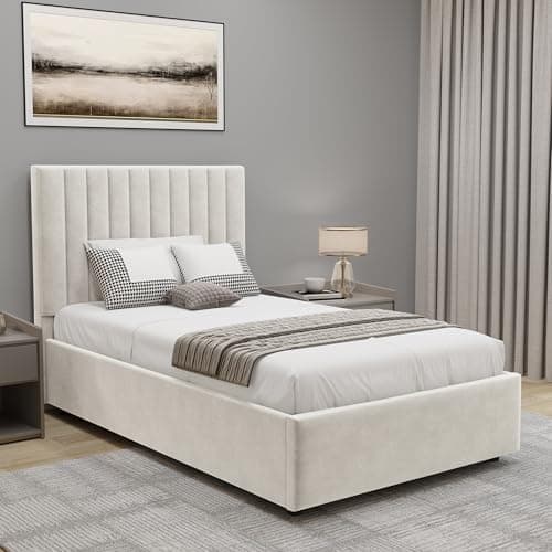 Image of Blisswood Ottoman Storage Bed Frame, 3ft Single Bed Frames, Upholstered Ottoman Bed Frame, Wooden Slats Stylish And Space Saving Bed Frame, Velvet Fabric Storage Bed (3ft Beige, No Mattress)