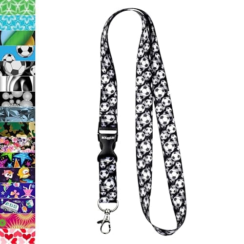 Image of ROLSELEY Lanyard neck strap with FOOTBALL - BLACK for id badge holder with metal clip