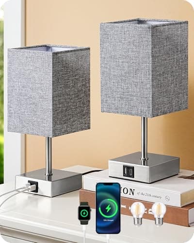 Image of EDISHINE Bedside Lamps Set of 2, 3 Way Dimmable Table Lamp with USB A+C Charging Ports, Touch Lamps for Bedroom, Living Room, Grey (LED Bulbs Included)