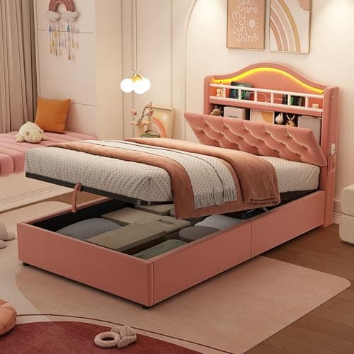 Image of 3ft Single Bed Frame, Upholstered Ottoman Bed with Concealed Storage Headboard & LED Lights & Charging Station, Velvet Functional Storage Beds with Hydraulic Lift & Sturdy Metal Slats Support, Pink