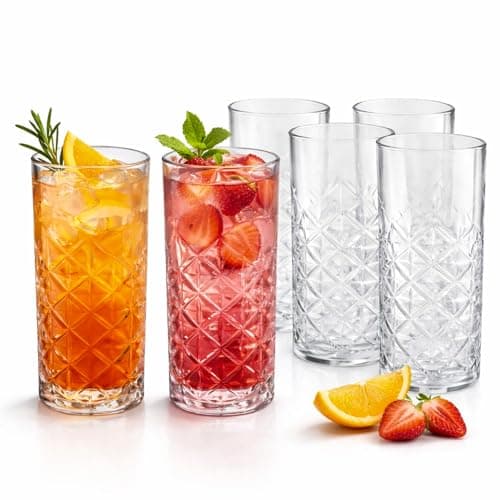 Image of HOMSMYTH Drinking Glasses Set of 6 – 380ml (13.3oz) Tall Clear Crystal Effect Cocktail Glasses, 140x70mm, Dishwasher Safe Tumbler/Water Glasses for Juice, Gin, Rum & Vodka (Style I)