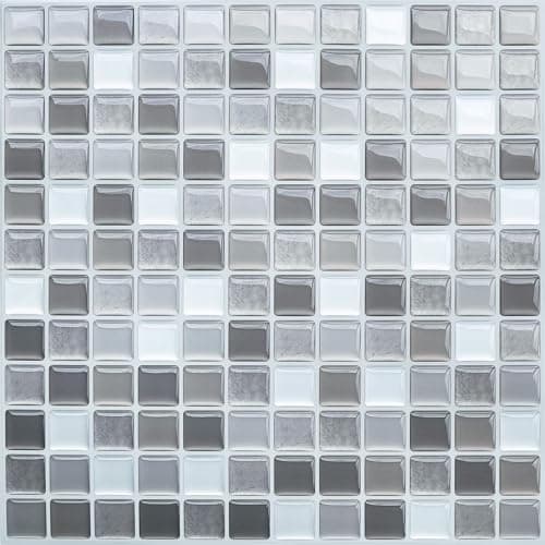 Image of HyFanStr 3D Mosaic Kitchen Backsplash Tile Decals, Grey, 4 Pack, Peel and Stick, Waterproof, 9.29"x9.29"/23.6x23.6cm Square Tiles