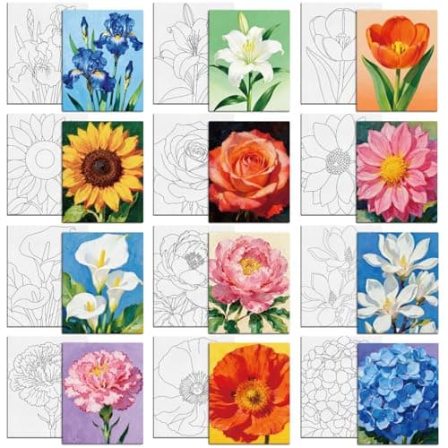 Image of MAYJOYDIY 12 Pcs Pre Drawn Canvas to Painting Beautiful Flower Pre Printed Canvas for Adults 25×20cm Sunflower Lily DIY Paint Art Supplies for Beginners, Students, Party Gifts