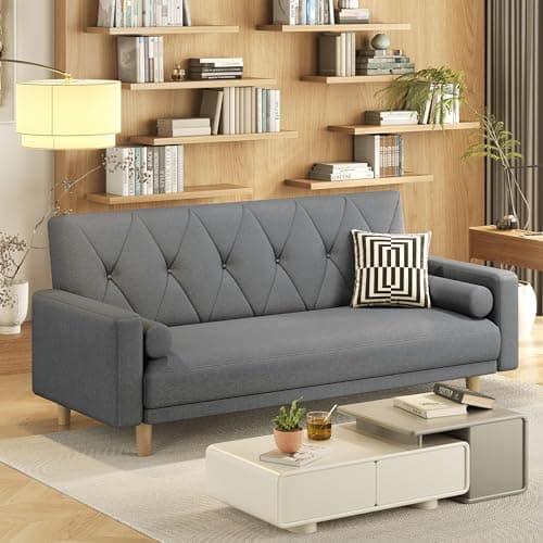 Image of Yaheetech Convertible Sofa Bed Fabric Sofa Couch Click Clack Modern Sleeper Sofa Settee with 2 Bolster Pillows for Living Room/Guest Room Dark Grey