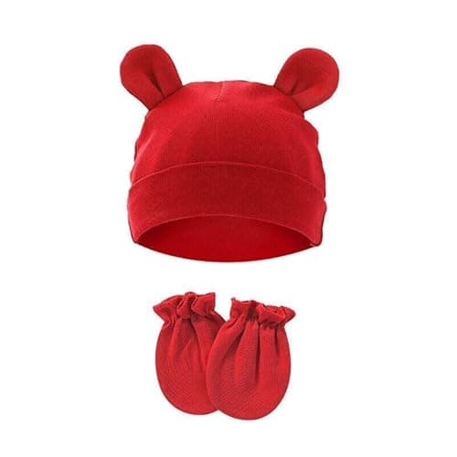 Image of FATASH Baby Hat and Mittens Set (0-3 Months) for Newborn Boys & Girls, Breathable Soft Cotton No-Scratch Gloves & Lightweight Warm Bunny Ear Cap, Unisex Infant Daily Wear Winter Accessories - Red