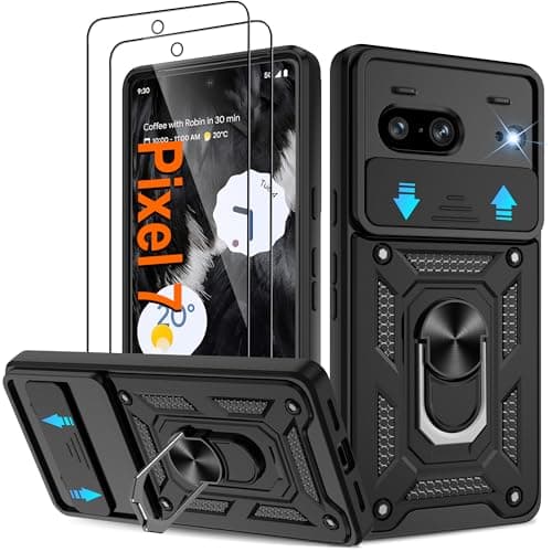 Image of Pilaru Shockproof Case for Pixel 7 Military-Grade Drop Proof Dual-Layer Protective with Camera Slide Cover | Precision Hole, Built-in Kickstand & 2 Screen Protectors for Google Pixel 7,Black