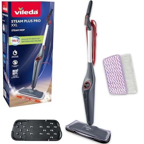 Image of Vileda Steam Plus Pro XXL Steam Cleaner | Vileda Steam Mop with 4 steam settings, 2 x refills & storage tray | Sensitive Floor Cleaning Pad | Kills and Removes Viruses, Germs and Bacteria up to 99.9%