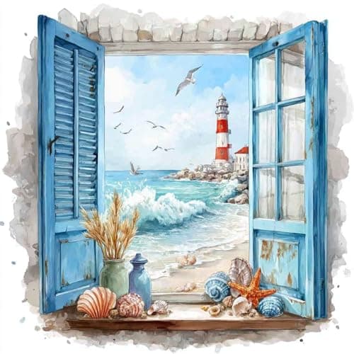 Image of NEWENMO Beautiful Landscape Diamond Painting Kits Adults,5D Window View Diamond Art,DIY Diamant Arts Mosaic Kits Complete for Adults Beginner,Full Round Drill Gem Art for Home Decoration 30x30cm