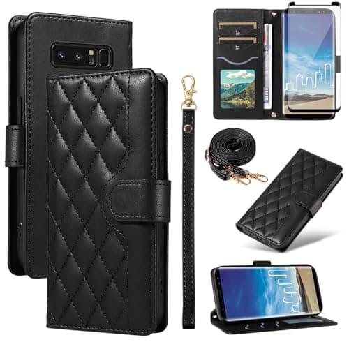 Image of Asuwish Phone Case for Samsung Galaxy Note 8 Wallet Cover with Tempered Glass Screen Protector and Wrist Strap Lanyard Card Holder Slot Stand Cell Accessories Note8 Not S8 Gaxaly Women Men Black