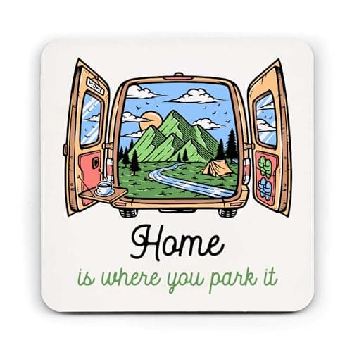 Image of Home Is Where You Park It Coaster – Printed Camper Van & Mountain Design – Camping Gifts for Van Life Lovers – Protects Surfaces, Perfect for Home or Campervans - Lightweight