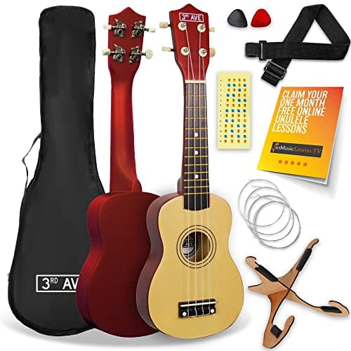 Image of 3rd Avenue Soprano Ukulele 21 Inch Beginner Pack Bundle – Bag, Stand, Strap, Strings, Picks and Fret Stickers – Natural with FREE 1 Month Online Lessons