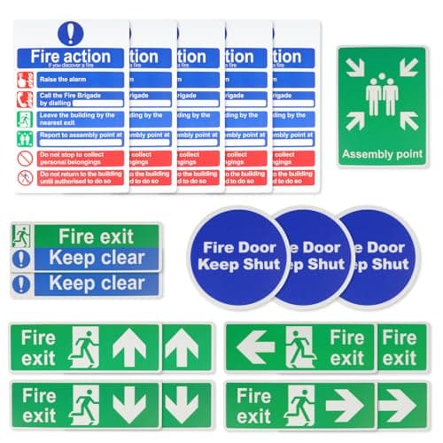 Image of 19 Pack Fire Safety Signs, 1mm Rigid Plastic Fire Action Notice Sign Fire Exit Sign Kit Down Left & Assembly Point Signs 200mm x 300mm Self-Adhesive Weatherproof Design