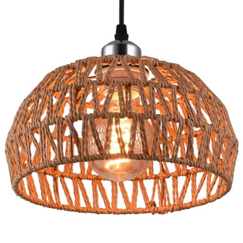 Image of Natural Woven Pendant Lamp Shade, Small Metal & Weave Rope Lamp Shades Ceiling, Rattan Lampshade, Pendant Light Shade for Ceiling Lights, Living Room, Bedroom, Kitchen, Hallways
