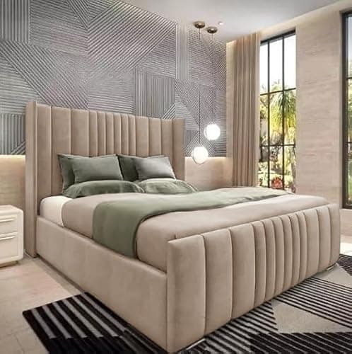 Image of 5FT King Ottoman Storage Divan Base Wingback Bedframe With Headboard Upholstered In Plush Velvet Beige Bed End Lift Up - No Mattress (Beige Plush, 5FT King With End Lift Storage - No Mattress)