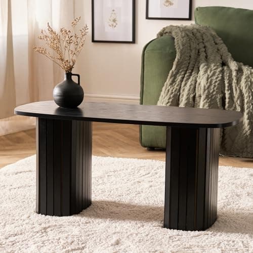 Image of OHS Coffee Tables for Living Room, Wooden Coffee Table for Home Office Madison Ribbed Wood Frame Decorative Small Centre Table Living Room, Black - 85 x 40 x 41cm