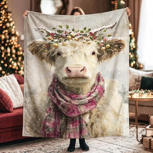 Image of Cow Throw Blanket, Christmas Fanciful Scarf Holly Xmas White Fuzzy Blanket Compact Decorative Aesthetic for Couch Sofa Bed Car Chair Office Desk 50x60 Inch