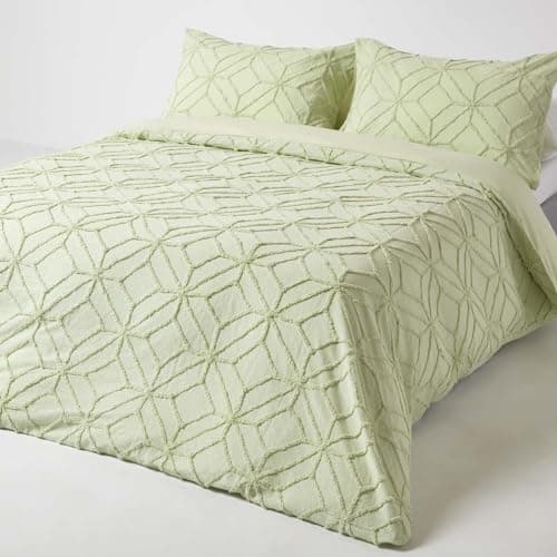 Image of HOMESCAPES Double 100% Cotton Sage Green Tufted Duvet Cover Set with Geometric Diamond Textured Pattern 180 Thread Count Pure Cotton Super Soft Quilt Cover with Pillowcases