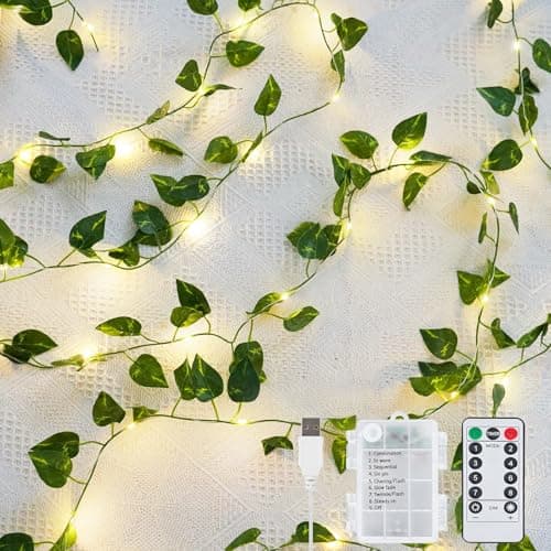 Image of KASZOO 33ft 100 LED Vine with Fairy Lights - Pothos String Lights Battery/USB Operated, Ivy Garland with Remote, Leaf Lights for Bedroom Garden Party Wall Room Decor