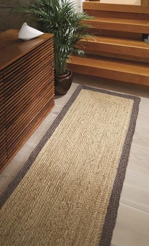 Image of Jute Rug for Living Room Bedroom Hallways Indoor Outdoor Kitchen Hand Made Braid Stitched Natural Beige Rug Grey Border Runner 67x200 cm (2'3"x6'7")