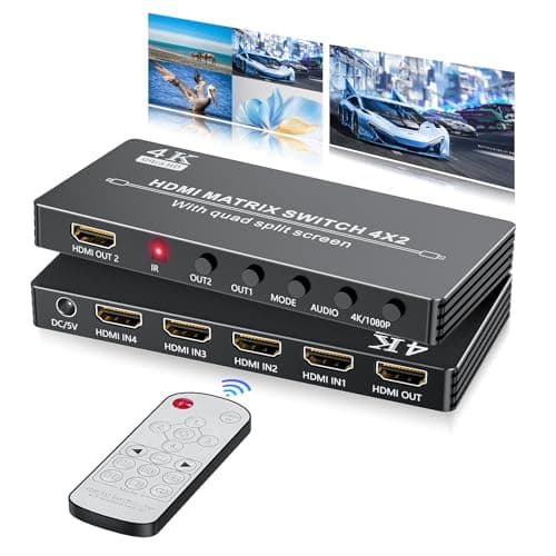 Image of BolAAzuL 4K HDMI Multiviewer Switch - 4x2 Matrix Switcher, Quad Multi-Viewer 4 in 2 Out Seamless Switch, 9 Viewing Modes, IR Control for TV, Gaming, Projector