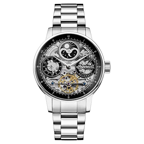 Image of Ingersoll 1892 The Jazz Mens 42mm Automatic Moonphase Watch with Silver Skeleton Dial and Silver Stainless Steel Strap I07710