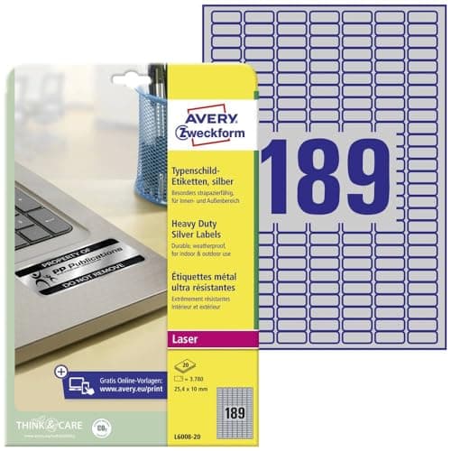 Image of Avery L6008-20 Extra-Strong Adhesive, Tamperproof, Heavy Duty Labels, 189 Labels Per A4 Sheet - Silver, 25.4 x 10 millimetres