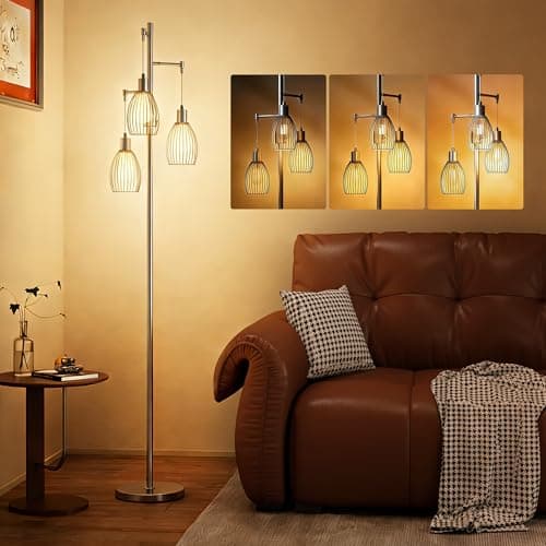 Image of HOMCOM 3-Light Floor Lamp, 170cm Industrial Dimmable Standing Lamp with Steel Wire Cage Lampshades for Living Room, Bedroom, Dining Room, Study, Bulb Not Included, Silver Tone