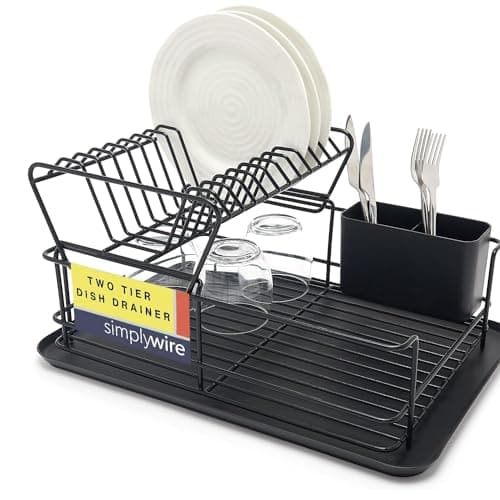 Image of simplywire – Two Tier Dish Drainer – Removable Plate Drying Rack & Cutlery Holder - Black Plastic Coated Steel