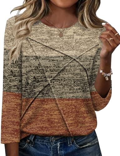 Image of Kistore Womens Blouses 3/4 Length Sleeve Crew-Neck Tunic Summer Casual Ladies Basic Business Shirts 2026 Size 14-16 Caramel