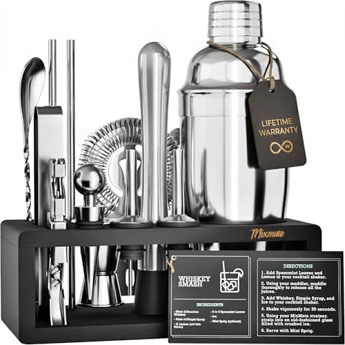 Image of Mixology Bartender Kit with Stand - 15 Piece Bar Tool Set, Silver Bar Set Cocktail Shaker Set for Drink Mixing - includes Martini Shaker, Jigger, Strainer, Bar Mixer Spoon, Tongs, Opener | Gift Idea