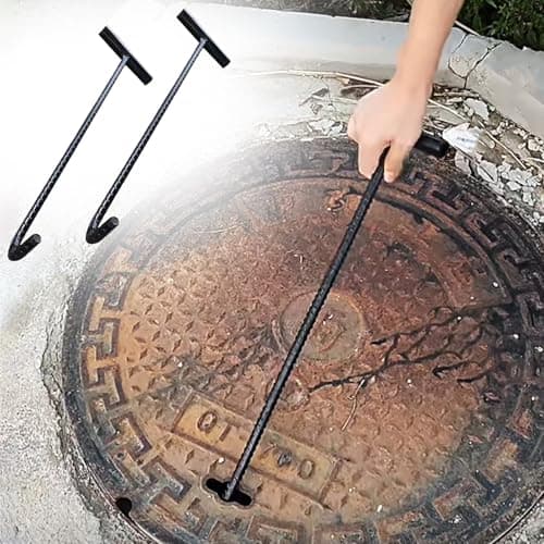 Image of Manhole Hook Tool Set of 2, T-Shaped Handle Drain Cover Lifting Keys, Multi-Functional Septic Tank Lid Puller, Rigid Shutter Pullers, 40cm Length