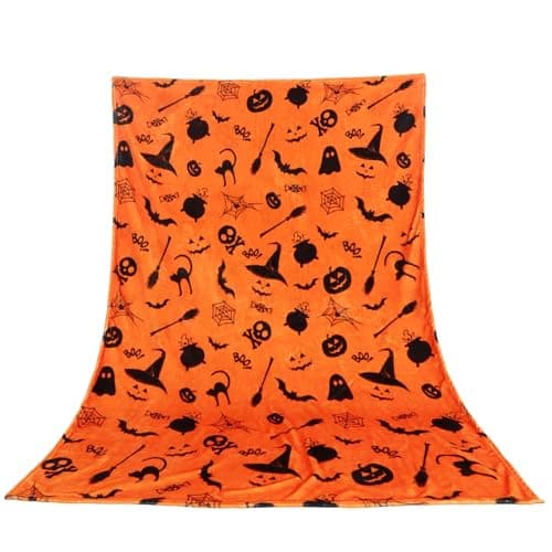 Image of Meriviva Halloween Blankets, 130x180cm Halloween Throw Blanket, Orange Soft Fleece Blanket with Skull Ghost Witch Theme Prints Cute Spooky Blanket for Decorations Gifts