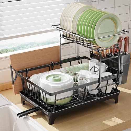 Image of PKBD 2 Tier Dish Drainer Rack, Space Saving Draining Board Rack for Kitchen Counter, Rustproof Sink Drainer Racks with Utensil & Cutting Board Holder, Multifunctional Kitchen Dish Drying Rack, Black